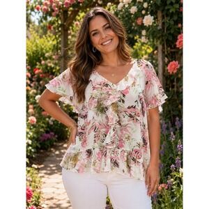BELISSIMO New York 2X Pink Floral Ruffle Chiffon Peplum Blouse -2023